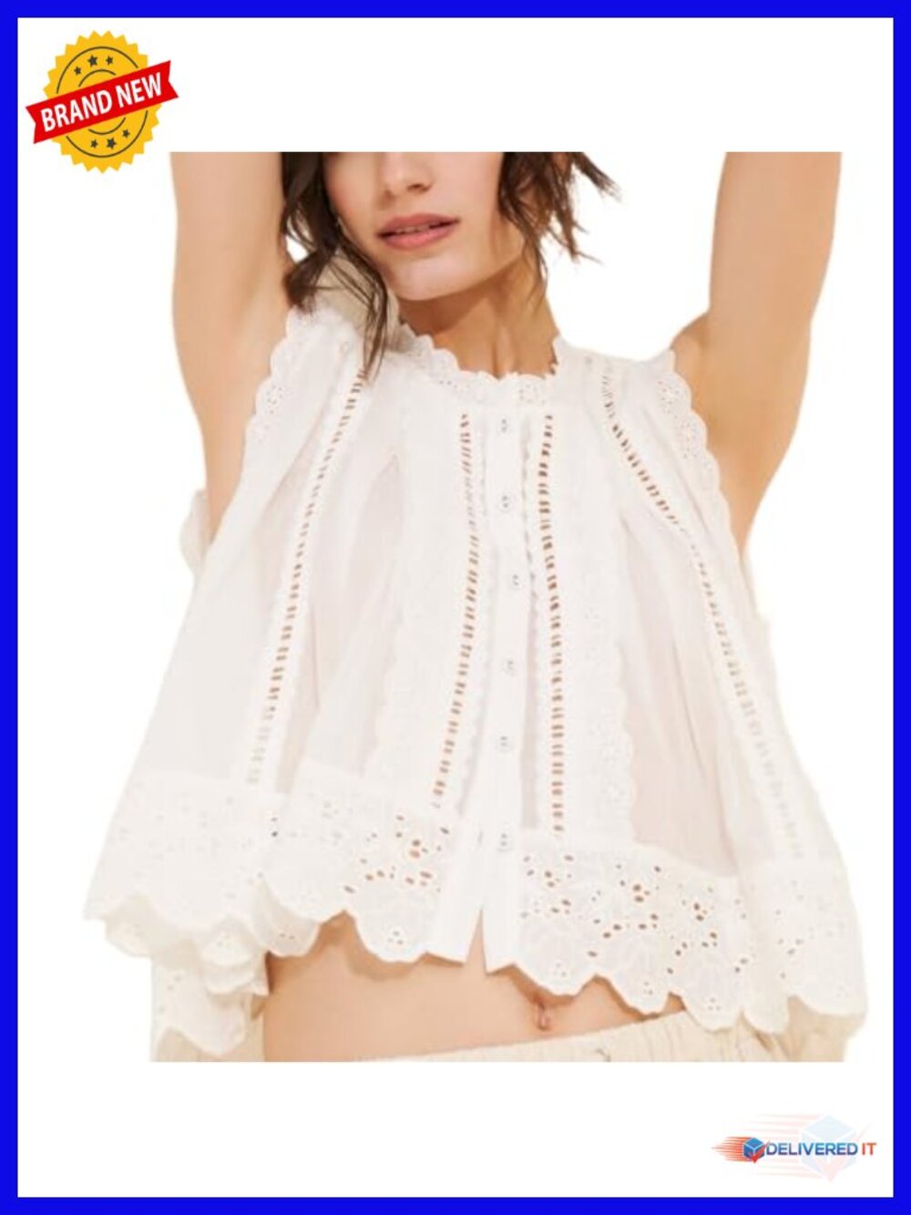 Women Boho Lace Trim Sleeveless Button Down Tank Crop Top